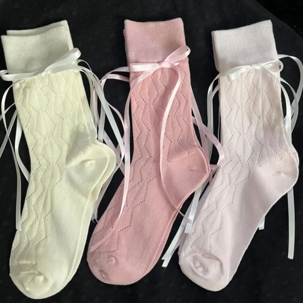 Summer Comfortable Ribbon Bandage Japanese Lolita Kawaii Cotton Socks Middle Tube Socks Bow Socks Female Hosiery