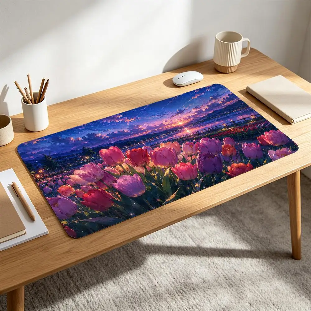 Large Tulip Flower Field Gaming Mouse Pad Lake Sunset Colorful Floral Scenery Non‑Slip Rubber mousepad profissional