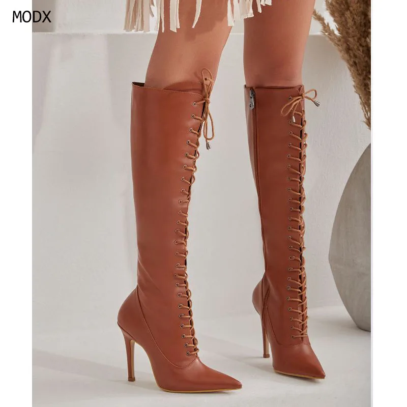 

2025 Women's new pointed thin high-heeled Knee High oots plus size lace up and knee high tube fashionable boots