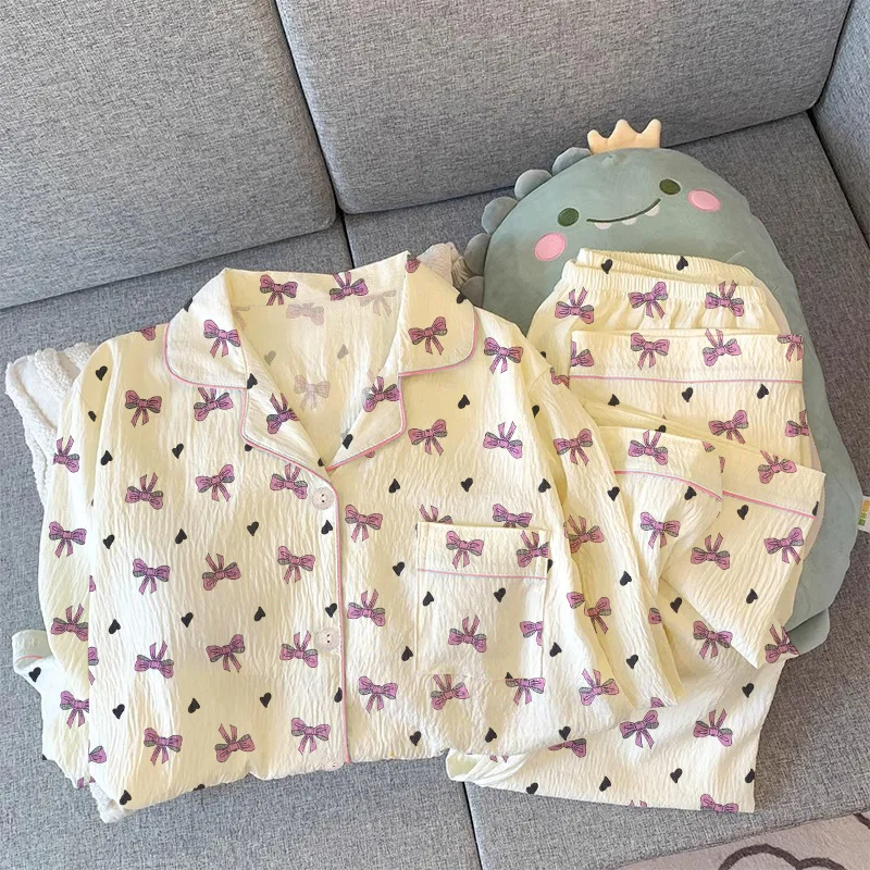 بيجامة بأكمام طويلة على الطراز الكوري للنساء، سراويل ربيعية بربطة عنق، مجموعة ملابس تنحيف كسولة مناسبة للارتداء في الهواء الطلق #4