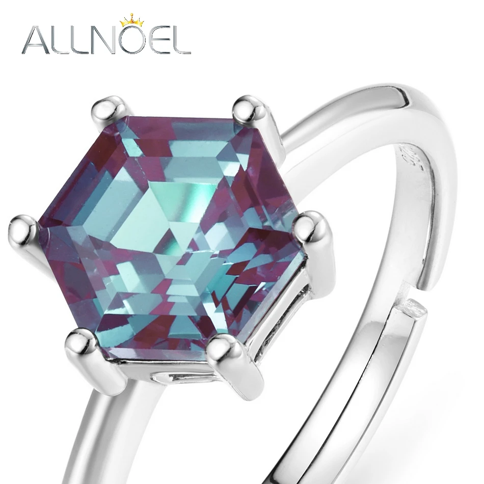 ALLNOEL Hexagon 1.84ct Alexandrite 925 Silver Open Ring for Woman June Birthstone Birthdday Gift Color Changing Gemstone Jewelry