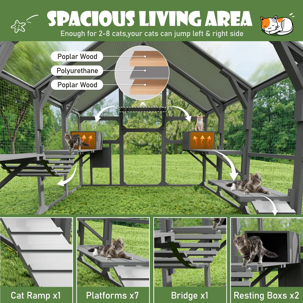 Ye Large Catio Outdoor Cat Enclosure for Multiple Kittens - Wooden Cat House with 7 Platforms, 2 Resting Boxes, 1 Bridge, 1 Ramp, Walk-in Kitty Cage Kennel with Sunshine Board Roof, Gray view 5
