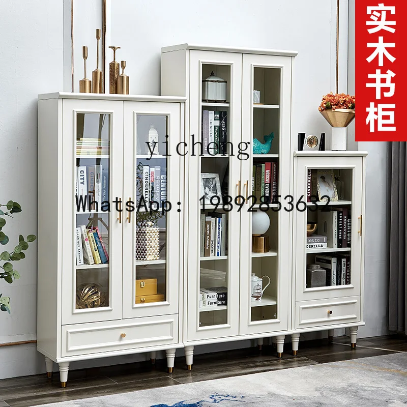 solid wood storage cabinet with glass door dust-proof display cabinet household bookcase bookshelf floor-to-ceiling white - view 3