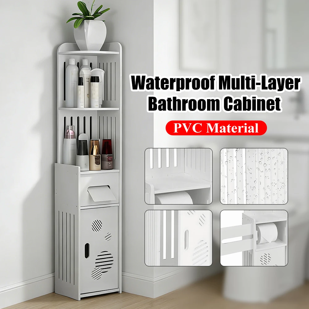 Waterproof Bathroom Corner Cabinet Living Room PVC Side Cabinets Multi-Layer High-Capacity Floor Standing Storage Shelf Racks