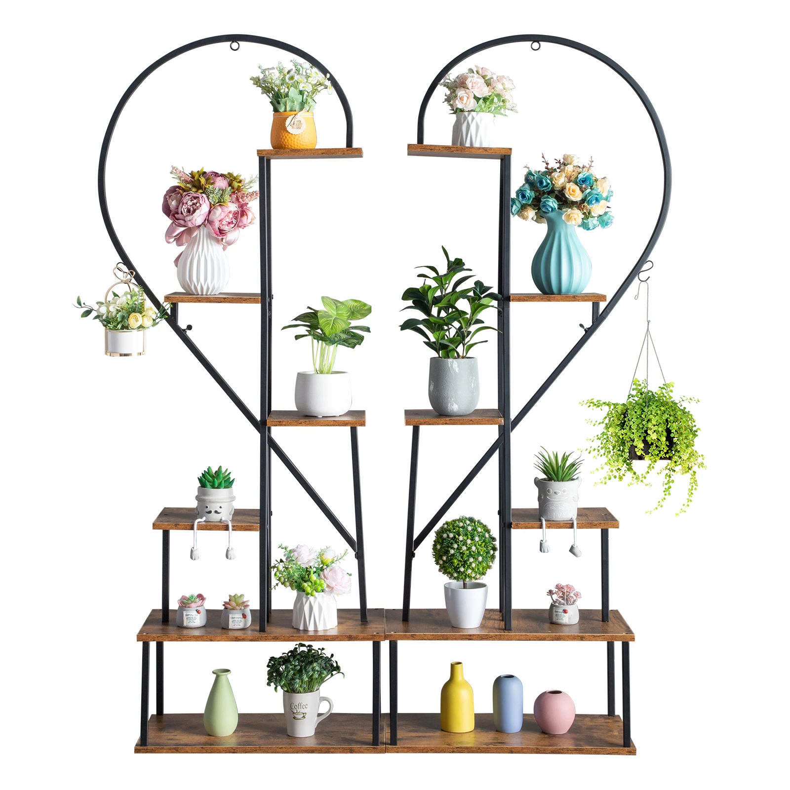 Artisasset 2pcs 6-Layer Half Heart Iron & Wood Stand, Suit Garden, Balcony, Patio, Lawn, Home Decor. Iron Flower Pot Holder