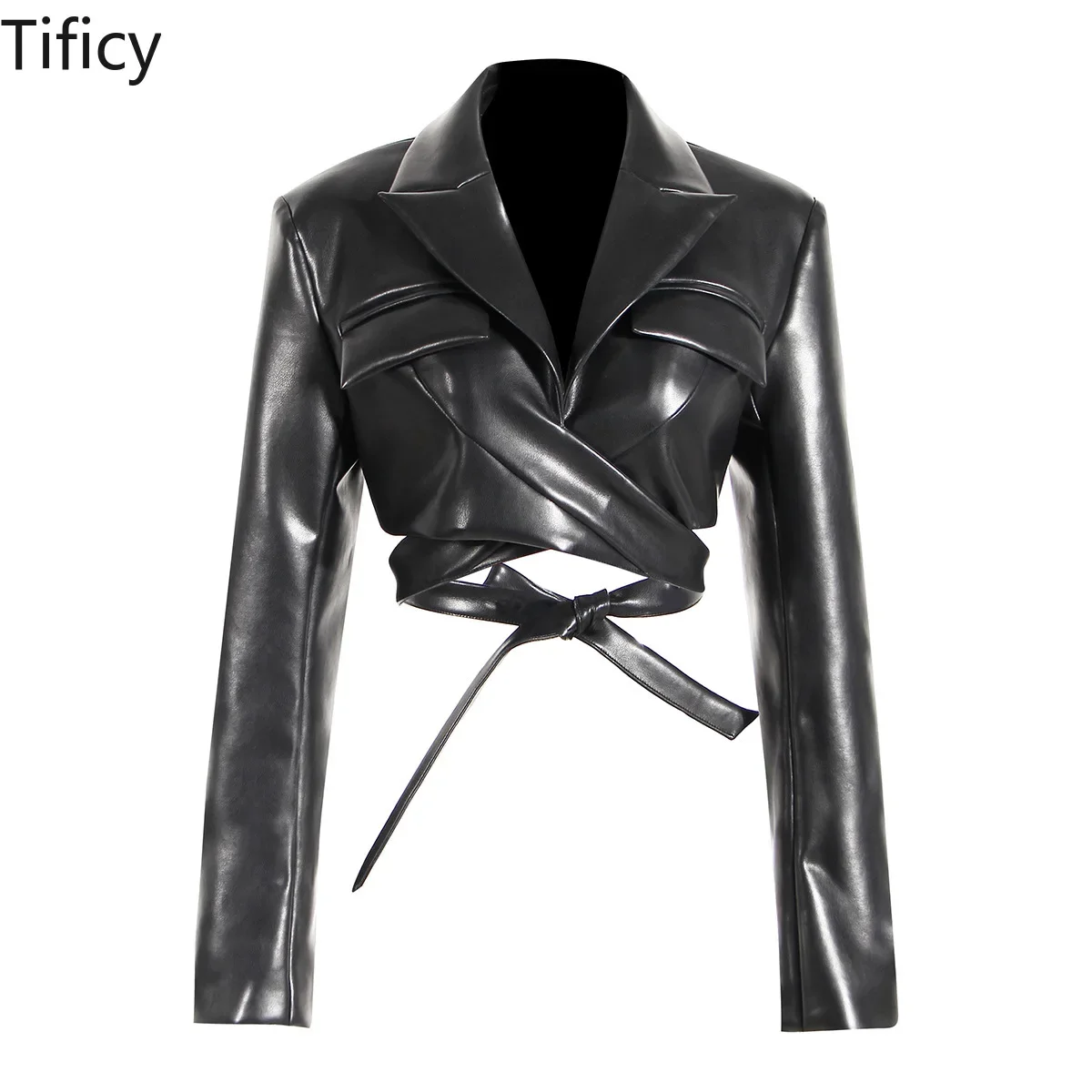 

TIFICY Small Blazer with Full Open Aura Cross Straps Waist Cinching Chest Revealing Women's Long Sleeved PU Leather Short Jacket