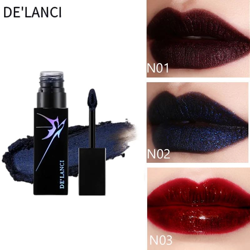 

DE'LANCI Губная помада Shimmer Темно-синяя готическая панк-дымчатая губная грязь Красный зеркальный блеск для губ Высокие цвета Тонкая вспышка Металлический макияж губ