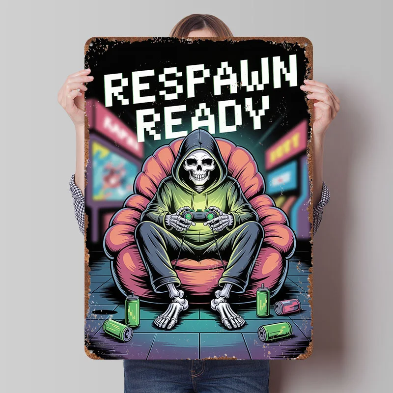 Respawn Ready Skeleton Gamer Poster Customized Wall Art Vintage Metal Signs Retro Tin Plaque for Man Cave Aesthetic Room Decor