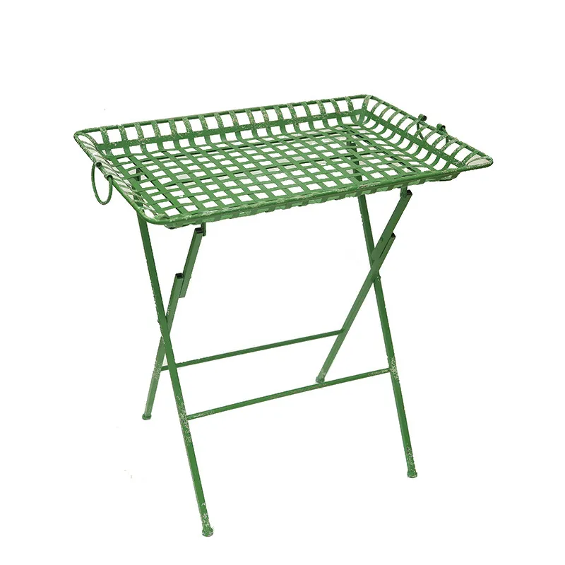 Vintage Metal Garden Table, Rustic Folding Potting Bench, French Country Balcony Plant Stand, Outdoor Display Table