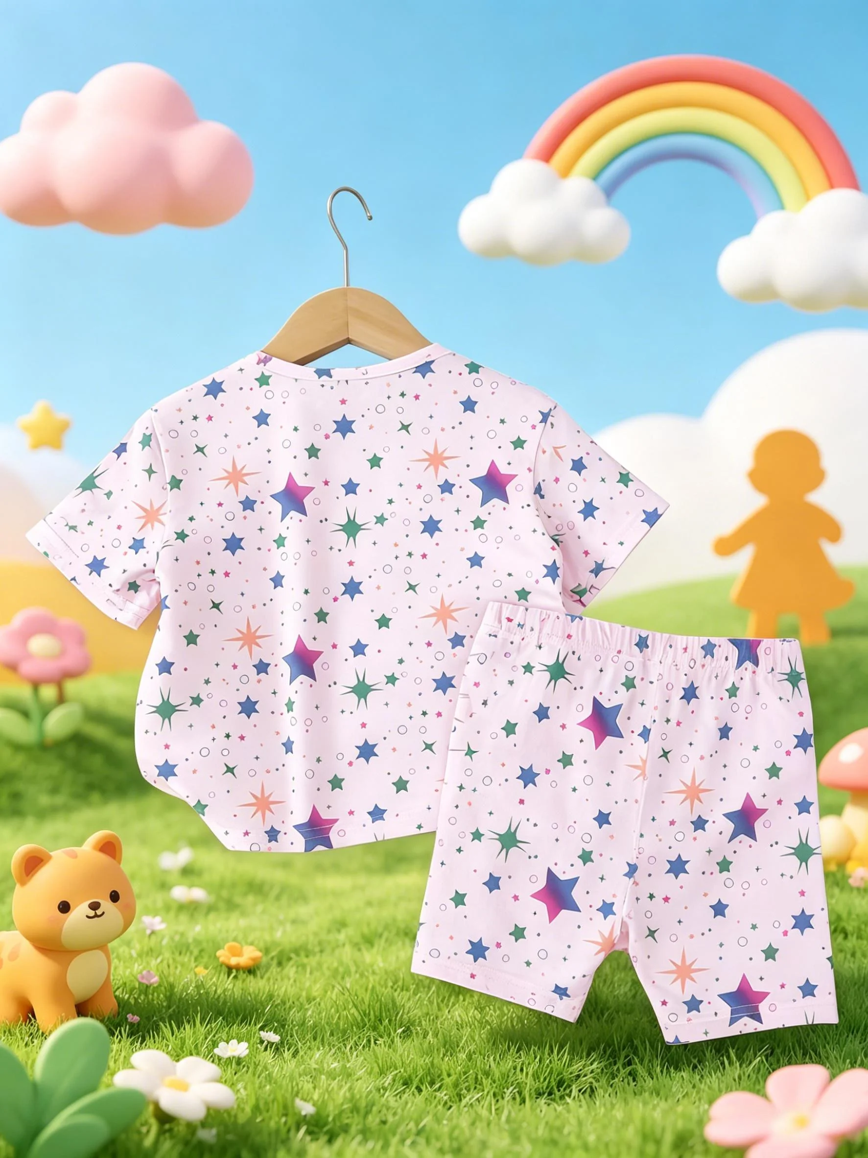 Set mit Einhorn-Print für Mädchen, rosa, kurzärmelig, mit Stern-All-Over-Print, Shorts im süßen Stil – Detail 3
