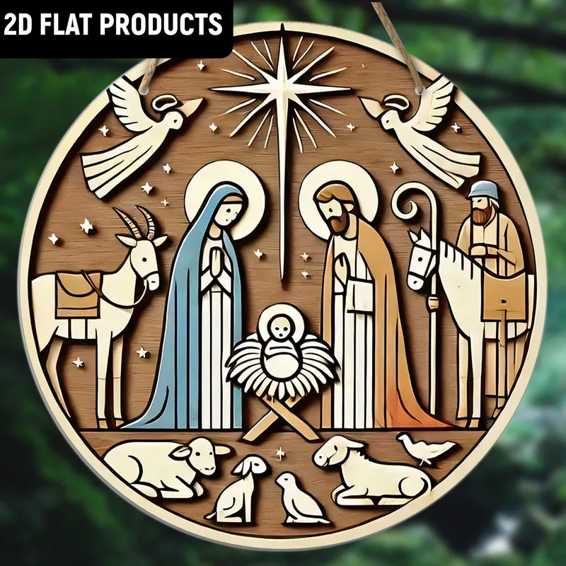 2D Flat 1pc Classic Wooden Nativity Scene Ornament: The Holy Family of Mary And Joseph, Angel Star Horse Cow Sheep- 7.87In/20Cm,