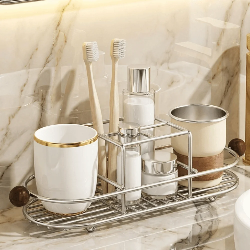 Stainless Steel Toothbrush Holder Waterproof Quick Dry Mouthwash Cup Rack Space Saving Rustproof Cutlery Storage Rack Desktop