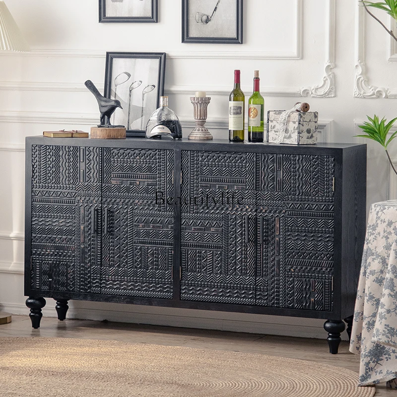 

American solid wood dining side cabinet, black retro carved light luxury entrance cabinet