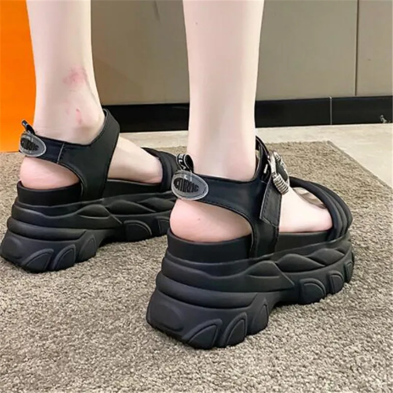 2024 Summer Green Metal Buckle Platform Sandals Women Adjustable Wedge High Heels 8cm Chunky Sole Sports Beach Slides