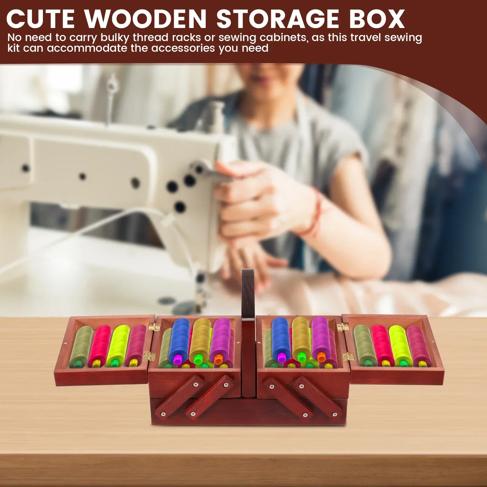 Expandable Sewing Thread Box Wood Vintage Bobbins Empty Sewing Reel Basket with Handle Needle Thread Storage Case DIY Tools view 3