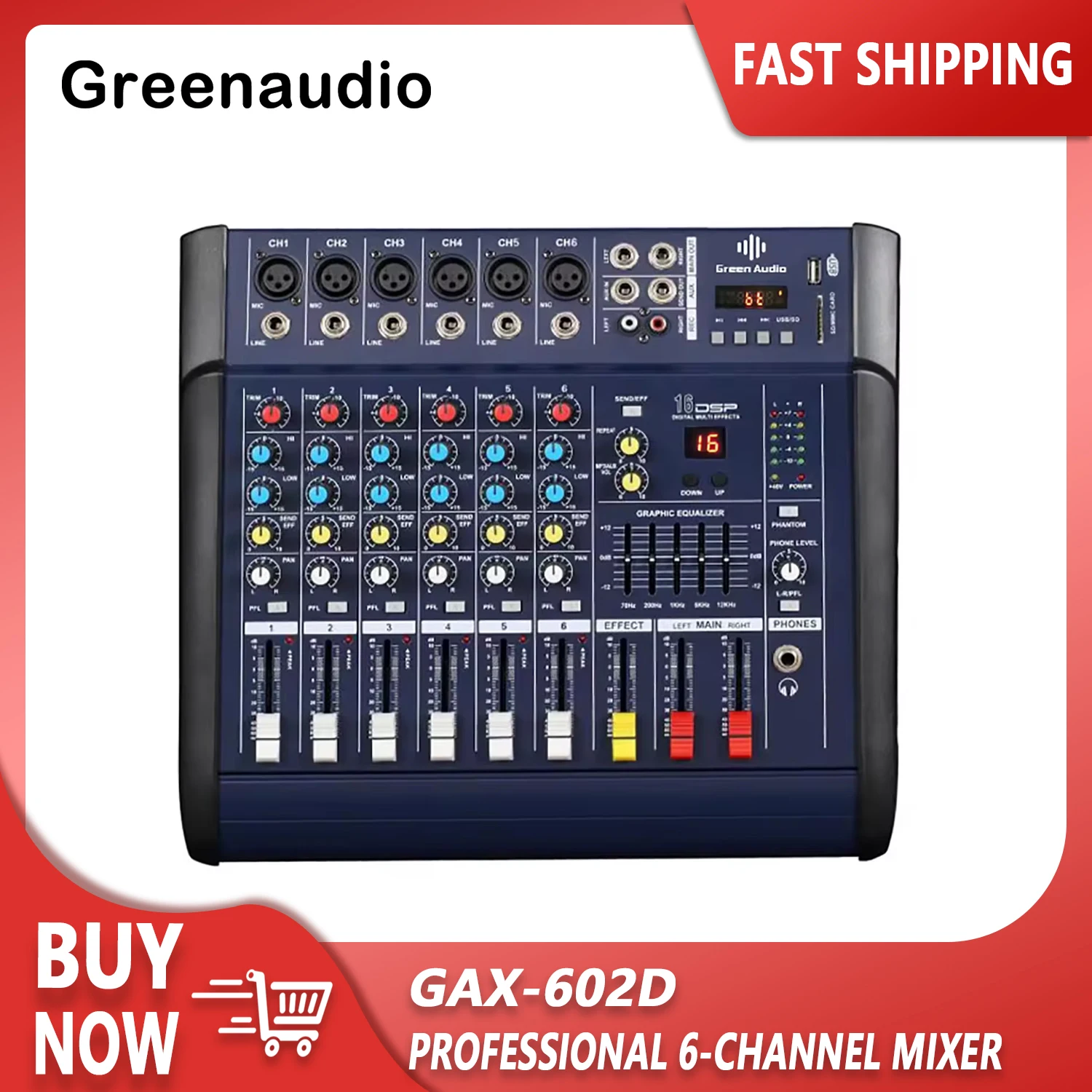 GAX-602D Professional 48V Power Mixer USB 6 Channel Amplifier DJ Audio Mixer Support USB Memory Card for Performance Home