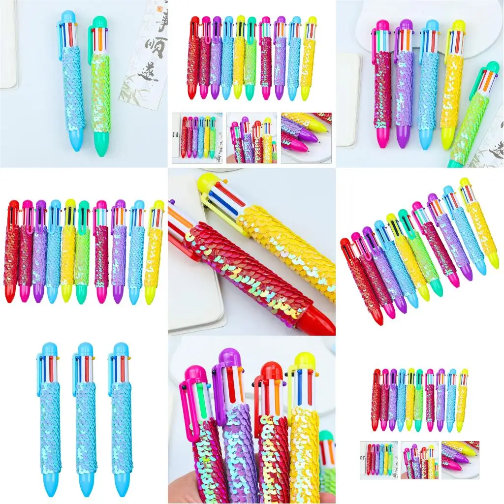 

10pcs 1.0mm Retractable Ballpoint Pen 6 in 1 Shuttle Pen Multicolor Pen Sequins Writing Pen School Supplies