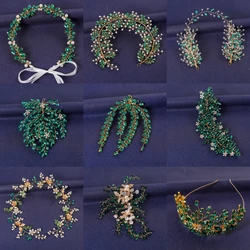 Green Crystal Hairband Tiara For Women Party Rhinestone Pearl Headband Bridal Wedding Hair Accessories Jewelry Comb Band Tiara