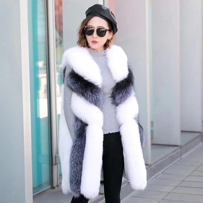 Faux Fox Fur Vest Coat Women Spliced Sleeveless Jacket Color Block Open Stitch Straight Thick Elegant Casual 2025 Autumn Winter