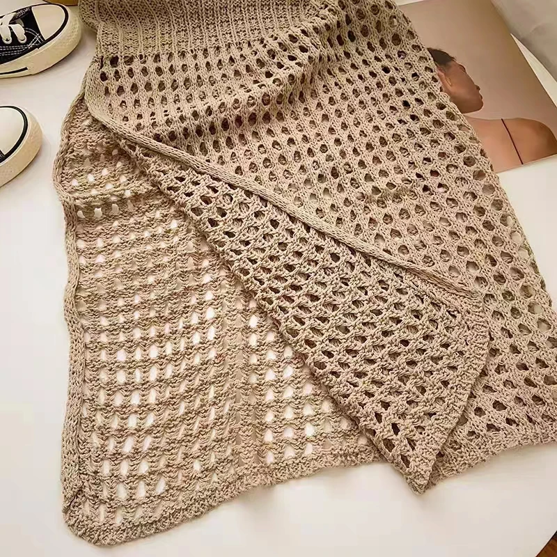 Häkelstrickkleid für Damen – ärmellose Strandbekleidung mit Rundhalsausschnitt, atmungsaktiver Urlaubs-Sonnenrock