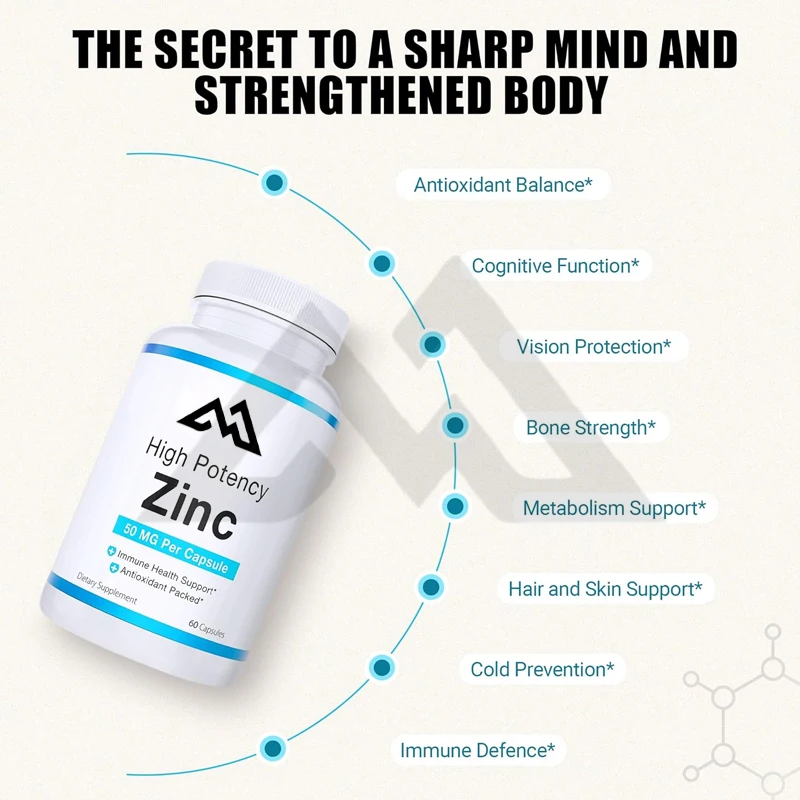 Efficient zinc, a vitamin suitable for good skin, immune support supplement, and antioxidant, 50mg per serving, 60 capsules