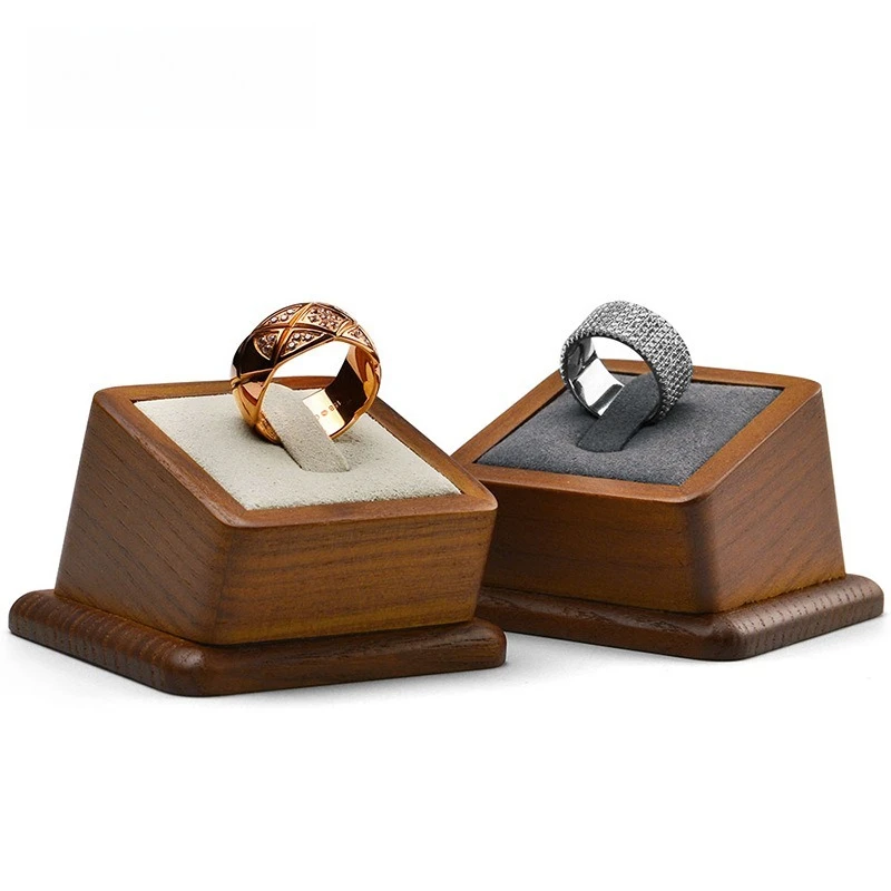 Jewelry Display Stand Creative Solid Wood Square Ring Stand Premium Microfiber Leather Ring Holder