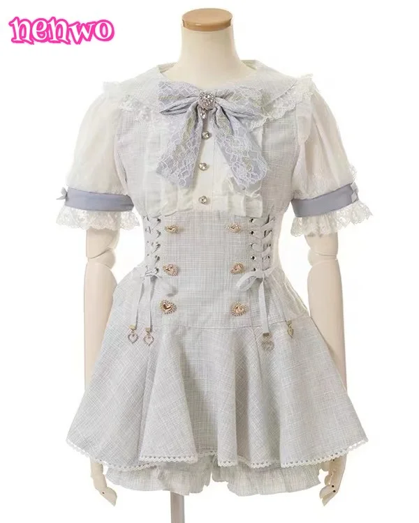 Robe et Short de Style gothique japonais avec nœud en strass pour femmes, ensemble chemise à carreaux en dentelle bouffante à manches courtes, tenues Lolita Y2k