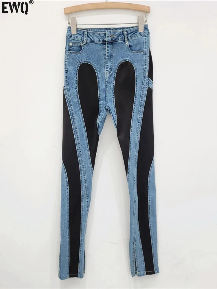 

[EWQ] Spliced Denim Pants For Women Boot Cut Design Fashion Contrast Colors High Street Jeans Female 2024 Autumn New 16O736