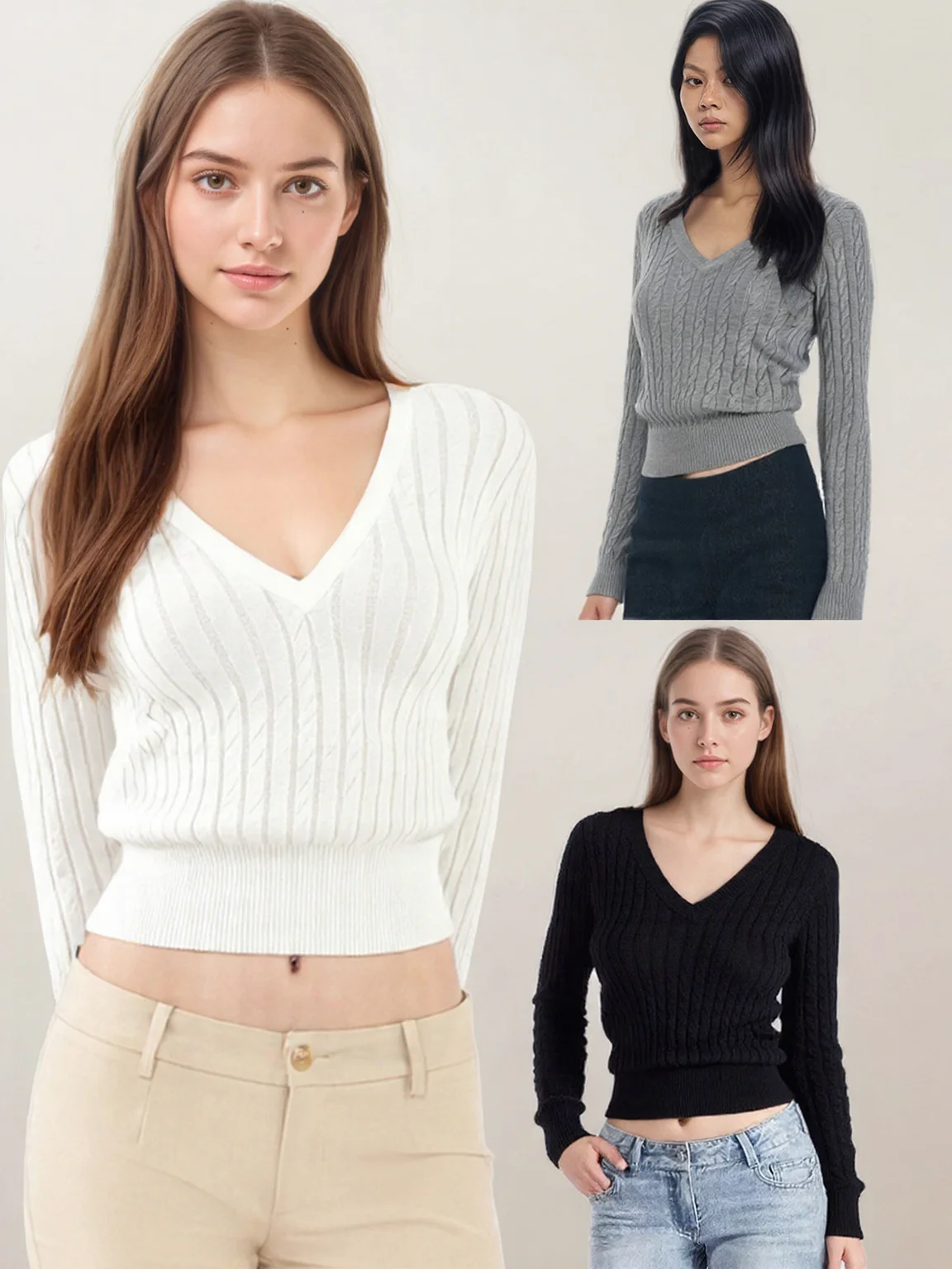 

E SEEK American Sle Hot Girl Retro V-ne Knitted Sweater Slimming Knitwear Casual Faion Medium Softn Long Sve