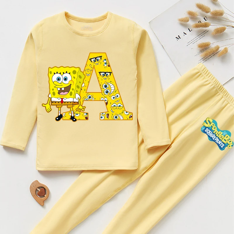 New Spongebob Pajamas for Children Cute Cartoon Letter A-Z Printed Nightgown Boys Girls Loungewear Autumn Children\'s Clothing