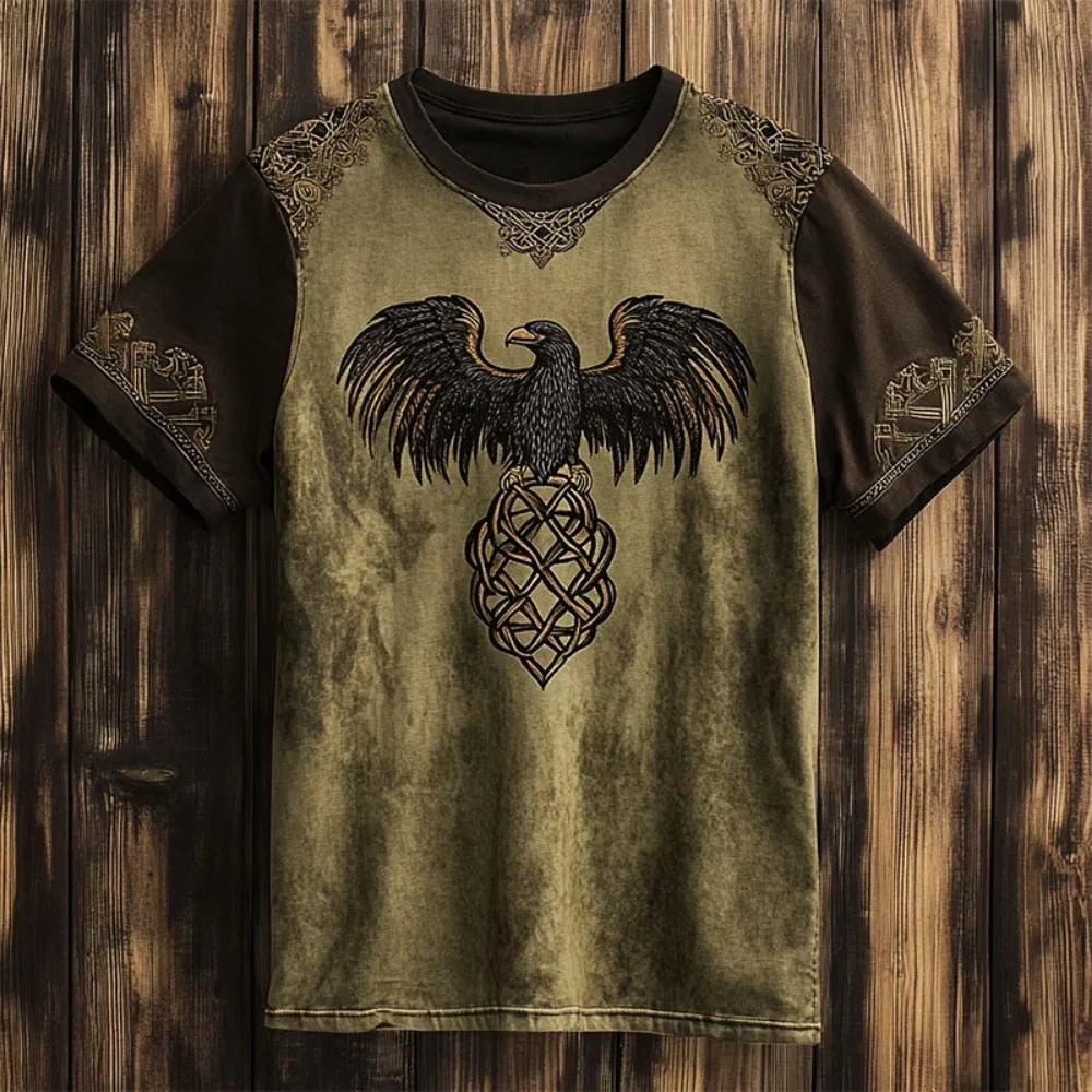 Celtic Eagle Totem 3D Printed Raglan T‑Shirt Retro Wash Distress Tee Vik Tribal Knot Pattern Ethnic Casual Short Sleeve Tops Men