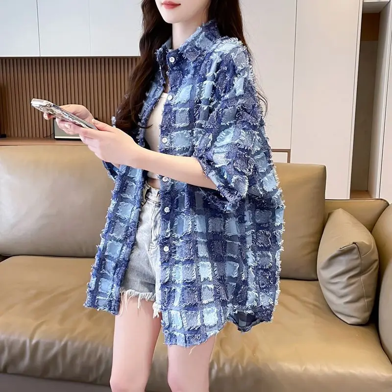 

Lazy Style Polo Collar Checkered Shirt Women's Oversized Summer Top Casual Button Down