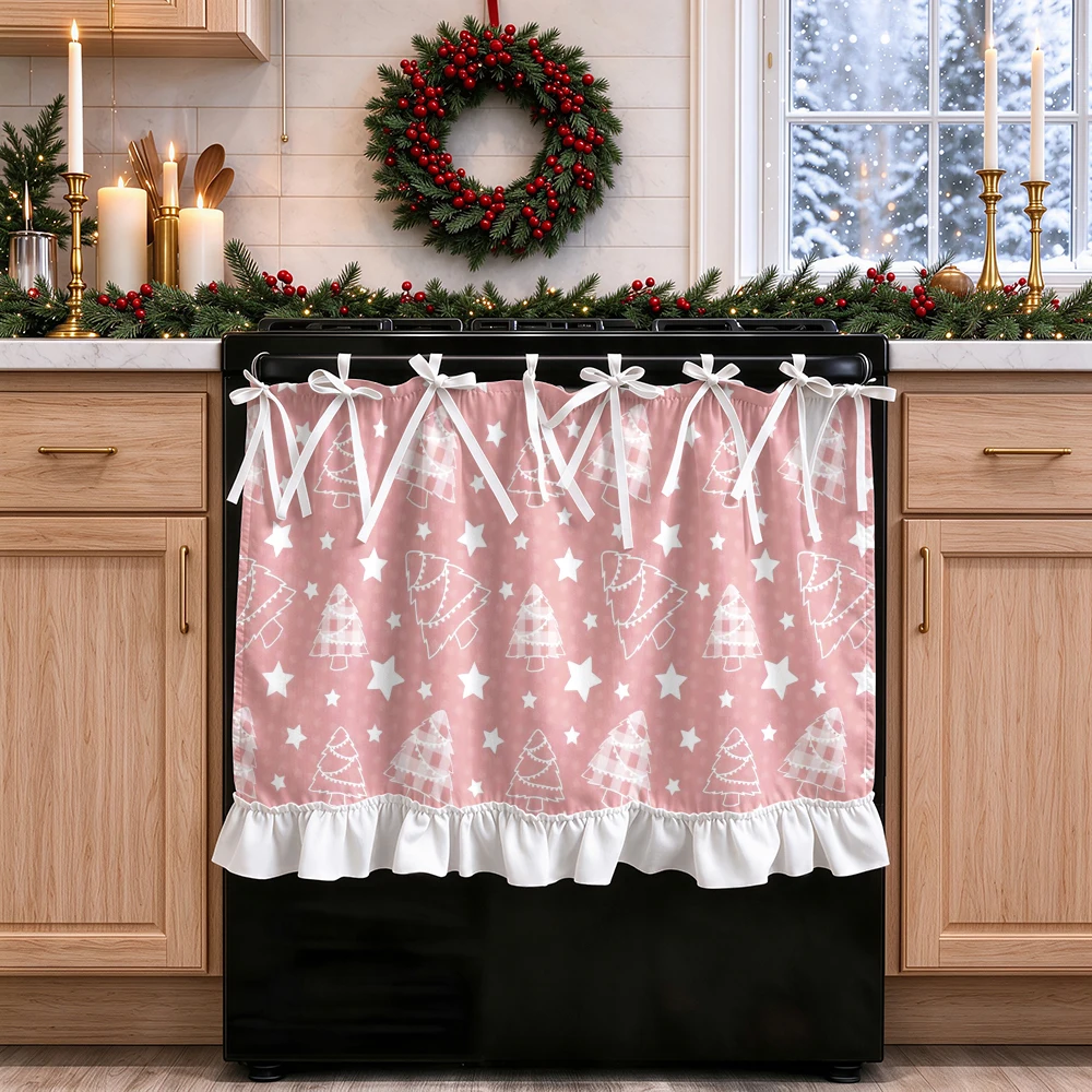 1PC lace up kitchen curtain, ruffled hem, 2D flat Pink Christmas Tree pattern, cabinet cover curtain, Christmas home decoration