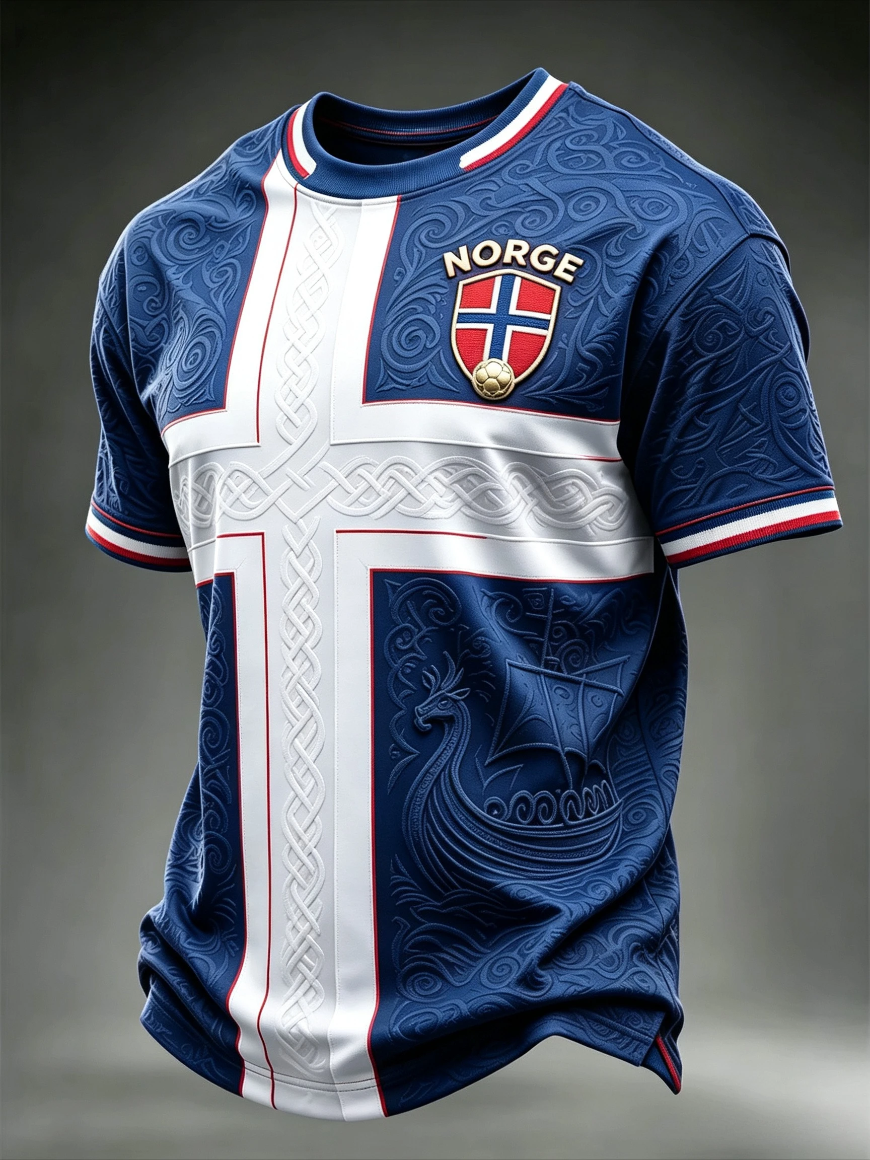 Norge Norway Soccer Jersey Embossed Viking Longship Celtic Knot Detailing Norwegian Flag Pattern Woven Trim