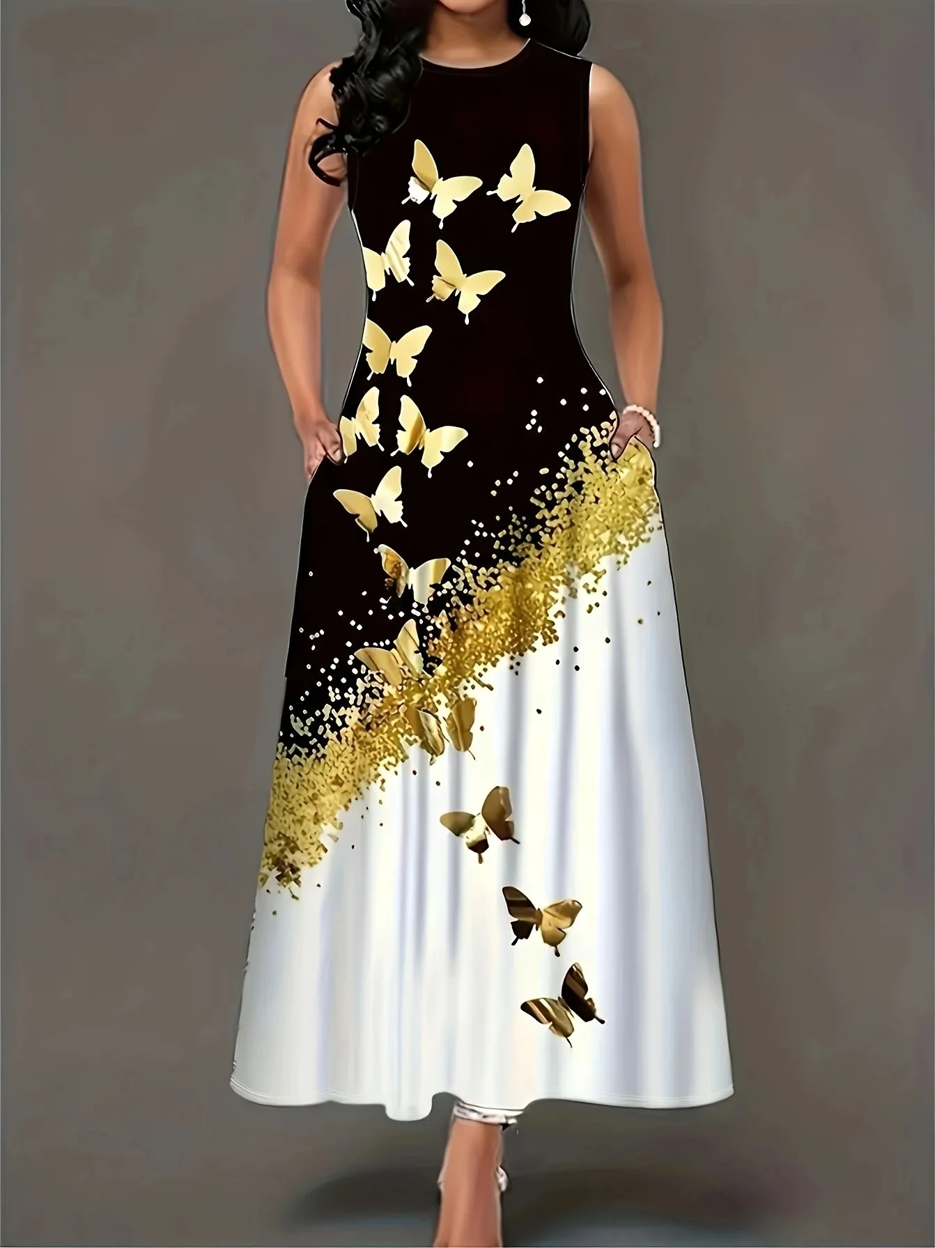 Neues Sommerkleid mit Farbverlauf und Schmetterlingsdruck, ärmellos, locker und figurschmeichelnd mit Taschen, eleganter langer Rock