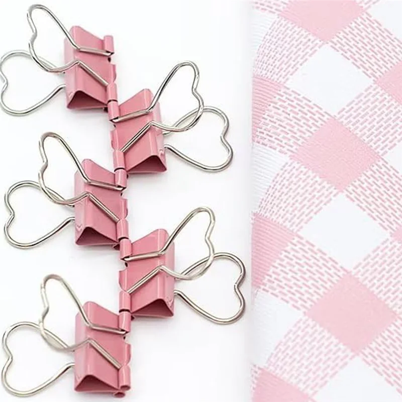 60PSC Heart Shape Metal Binder Clips With Heart Shaped Handle, Heart Hollow Out Pink