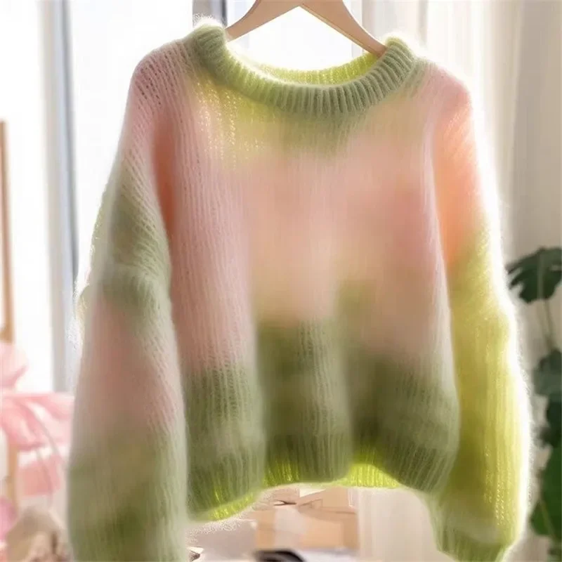 Green Gradient Wool Sweater Women Autumn New Contrasting Tie Dye Womens Knitted Pullover Lazy Loose Cashmere Knitwear