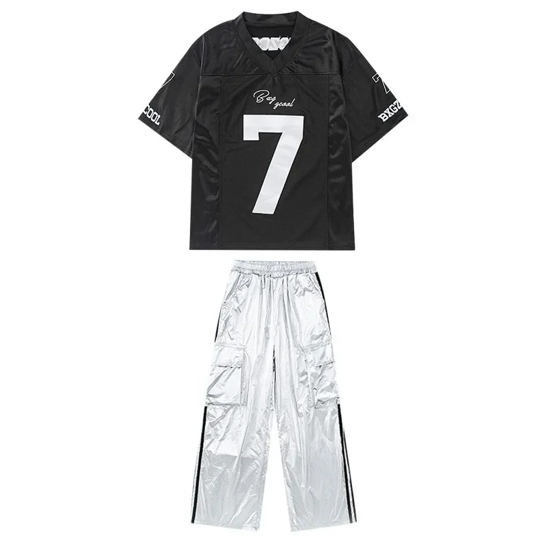 

Boys Hip Hop Dance Costume Cool Street Dance Outfit Loose Black T Shirt Silver Pants Girls Kpop Jazz Show Stage Clothing Sets