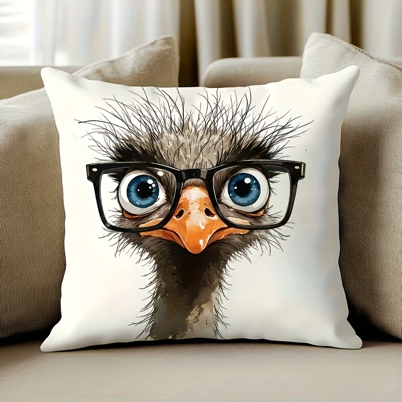 1pc Cute Ostrich Wearing Glasses Printed Throw Pillow Cover,Suitable for Sofa,Bedroom,LivingRoom,a Unique Gift for Animal Lovers