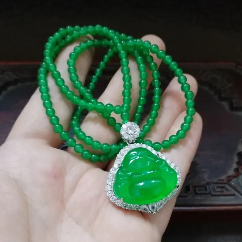 Green Jade Laughing Buddha Pendant Necklace, Silver Plated CZ Wrapped Buddha Charm with Green Bead Chain view 2