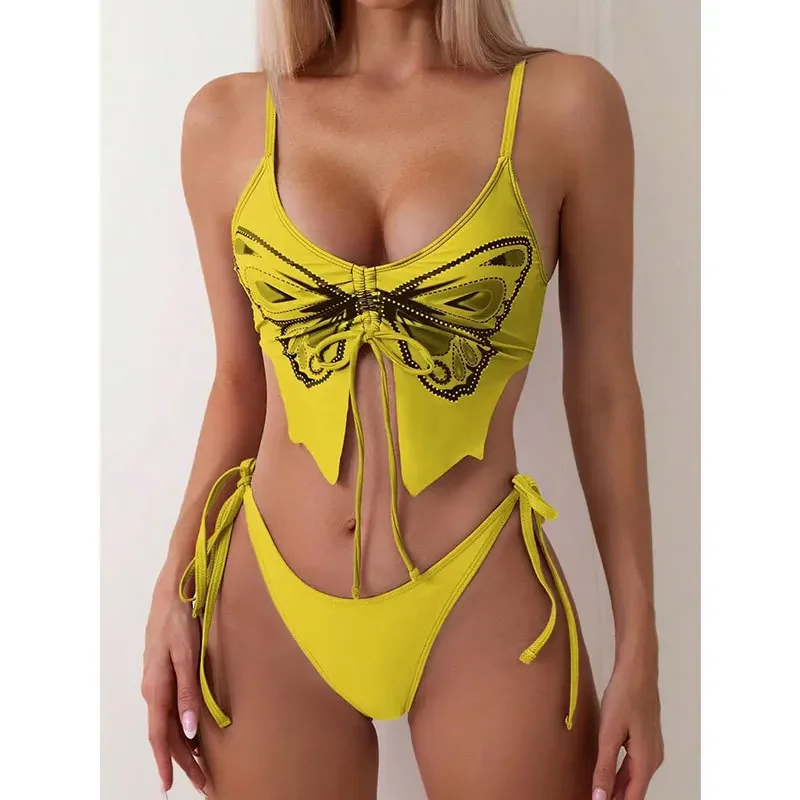 Bikini 2024 Sexy Swimwear Swimsuit Women Butterfly Print Drawstring Knotted Bikinis Set Bathing Suit Beach Bikini Female Push Up