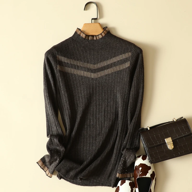 

Lace Mock Neck Knitted Women Sweater Pullovers Autumn New 2022 Lightweight Office Lady Buttoming Pulls Outwear Tops