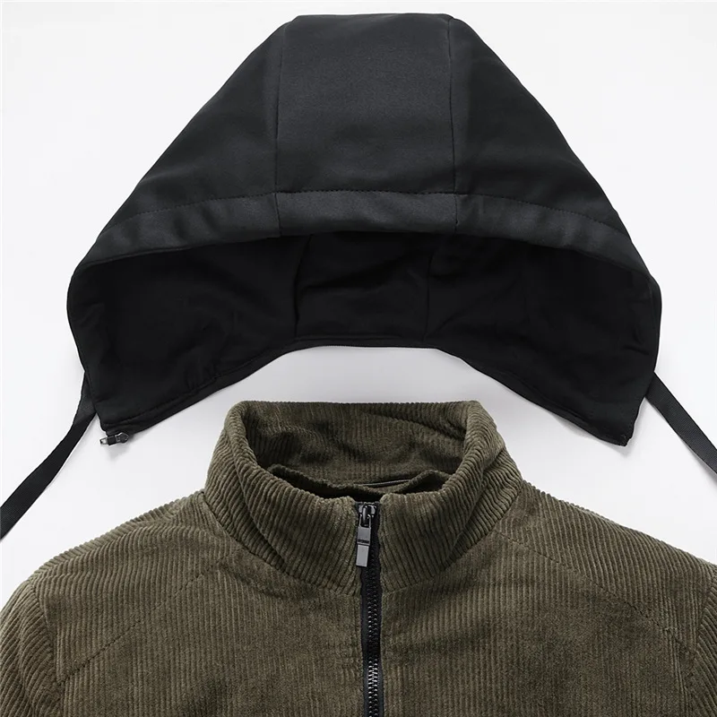 Corduroy Plus Velvet Thickened Hooded Warm Jacket Detachable Color Matching Hooded Coats Winter Menmulti-pocket Cargo Jacket