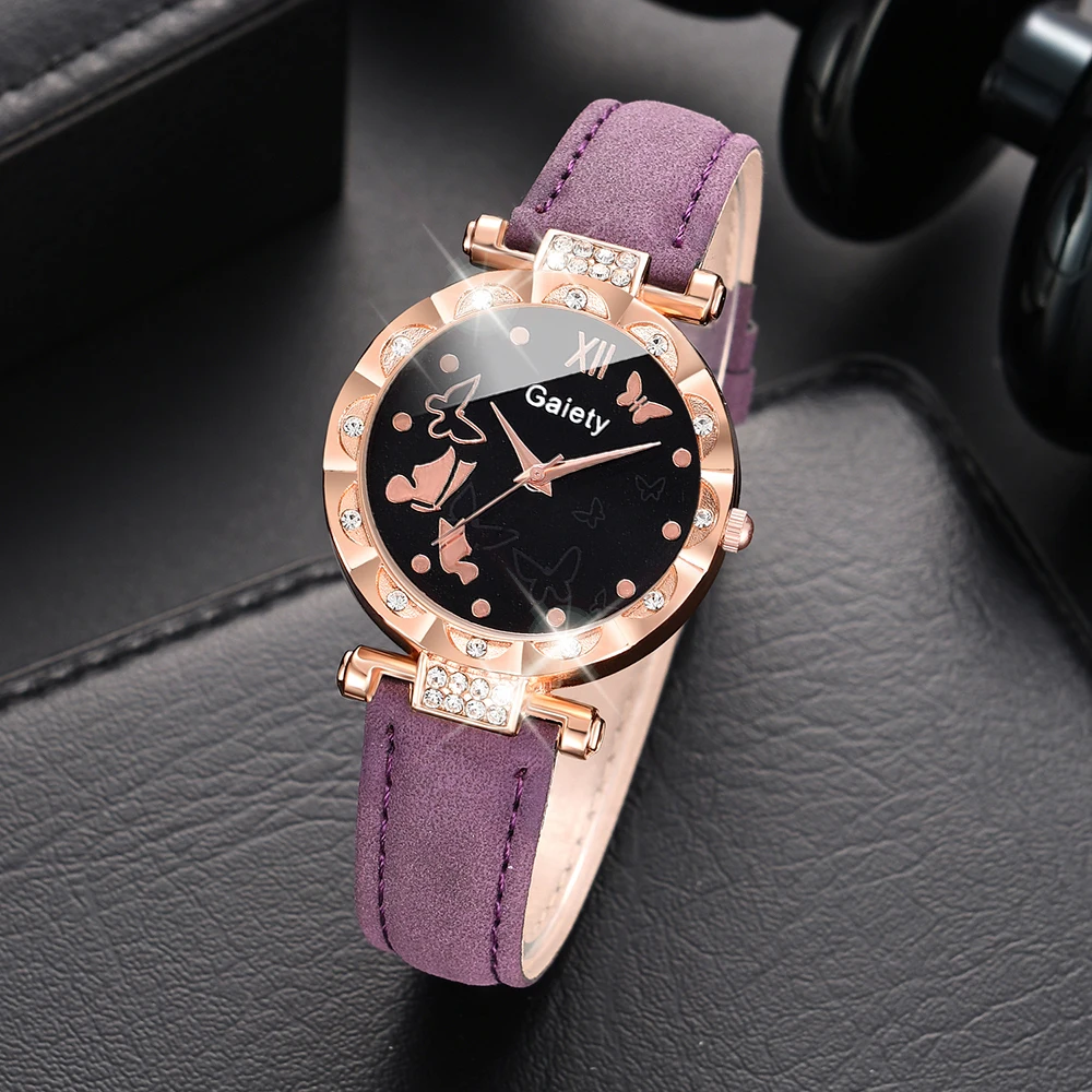 Purple Ladies Quartz Watch 6PCS/Set Butterfly Element Dial Wristwatch Leather Strap Watch Set Purple Jewelry Gift For Her