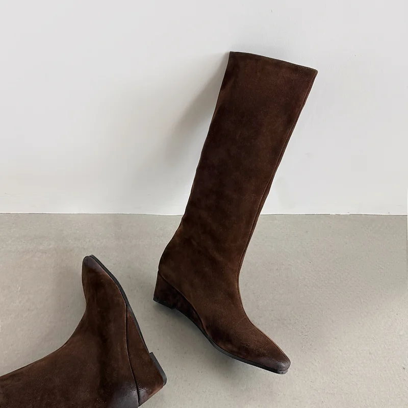 QUTAA 2027 Fashion Cow Suede Winter Women Knee High Boots Wedge Heels Western Woman Casual Modern Shoes Long Boots 34-40
