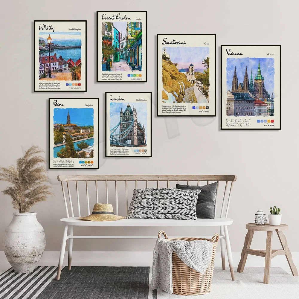Bali, Vienna, Copenhagen, London, Covent Garden, Santorini, Jerusalem, Norfolk, Bern, Whitby, St Ives watercolor travel poster