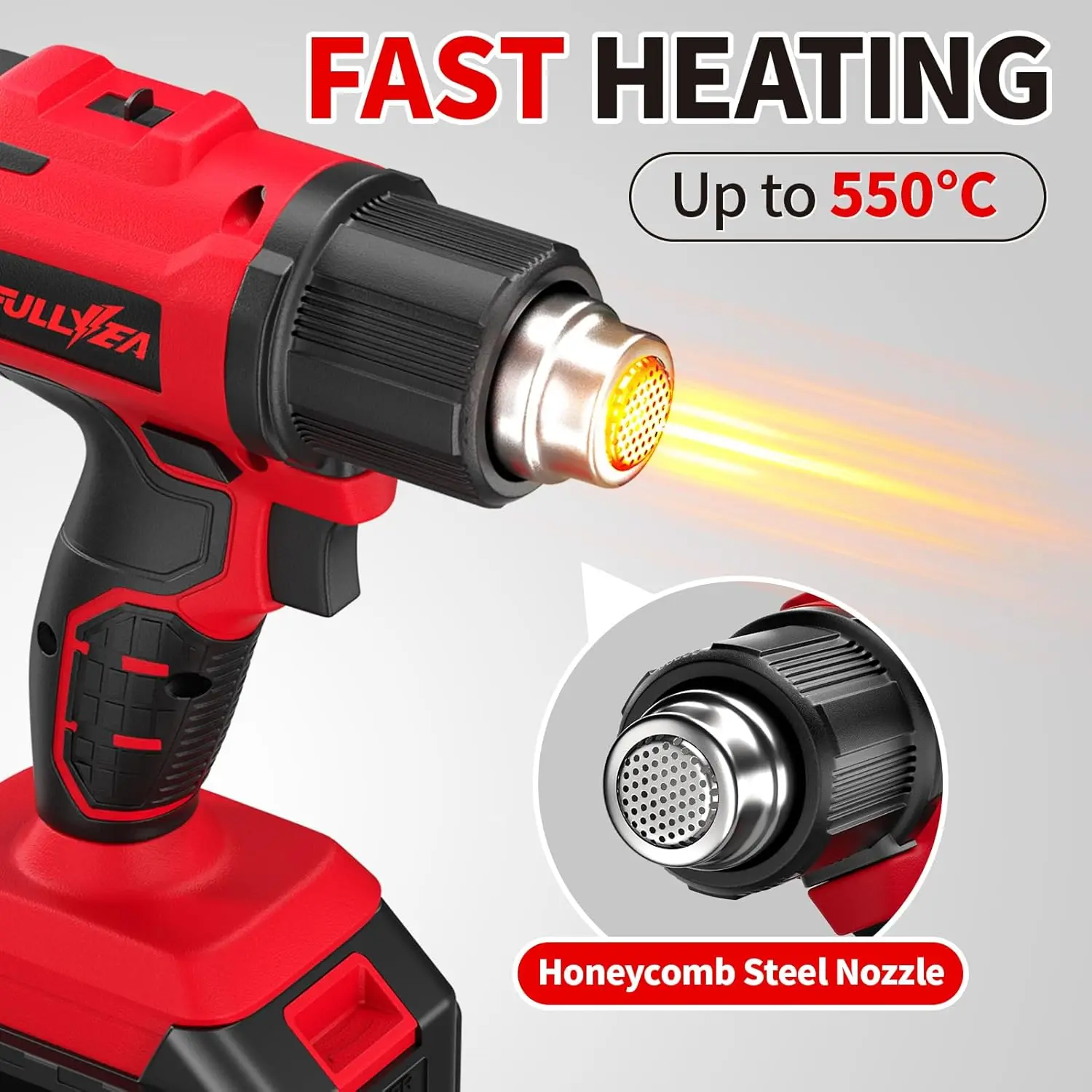 Cordless Hot Air Gun, Up to 1022°F (550°C) Rapid Heating, Lightweight Battery-Powered Kit Including 2 x 4.0Ah Batteries and 5 Nozzles, Portable Heat Tool for Shrink Tubing, PVC Wrapping, and DIY Crafts, Red