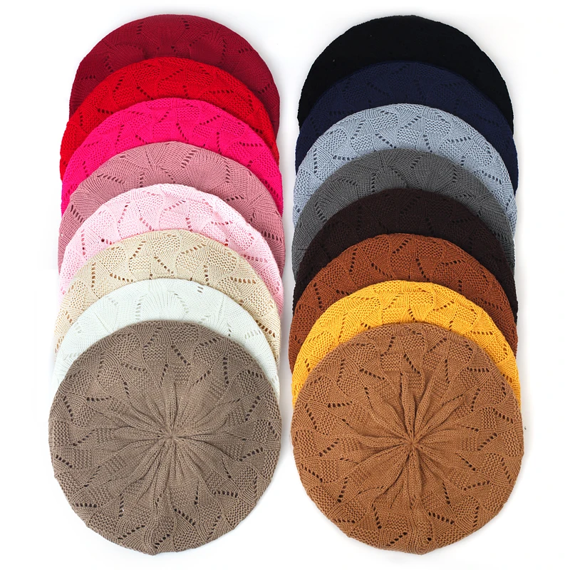 Geebro Women\'s Plain Color Knit Beret Hat Ladies French Artist Beret Hats Spring Casual Thin Acrylic Berets for Women Beanie