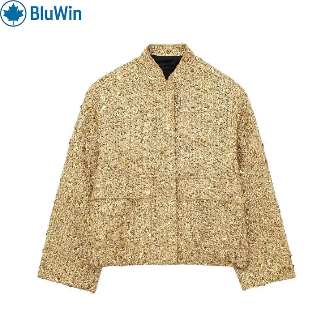 

URBANCHIC&ZAF 8Colors Glitter Moto Jacket Women Sequin Biker Coat for Festival Performance Stand Collar Sparkle Outerwear