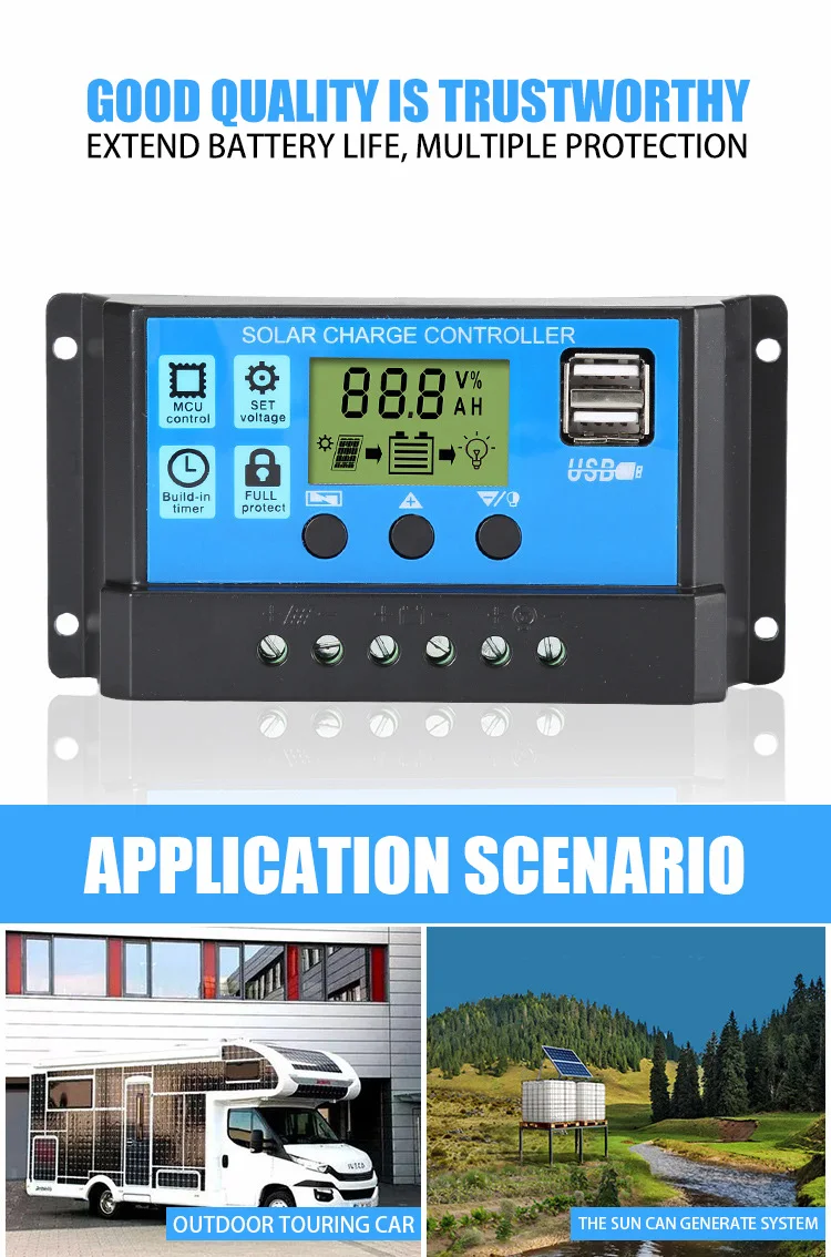 DIDITO PWM Solar Controller 12/24V 10A-60A Battery Charger LCD Dual USB 5V Output Maximum Working Voltage 50V